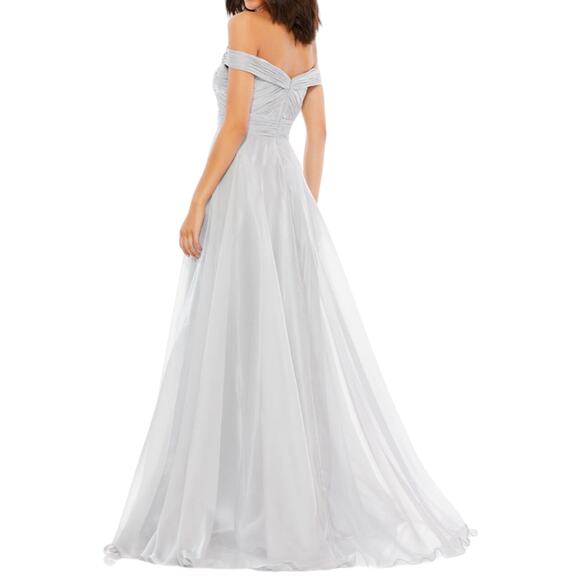 Mac Duggal Off The Shoulder Ruched A Line Gown Pearl Gray Size 18 - Picture 3 of 16